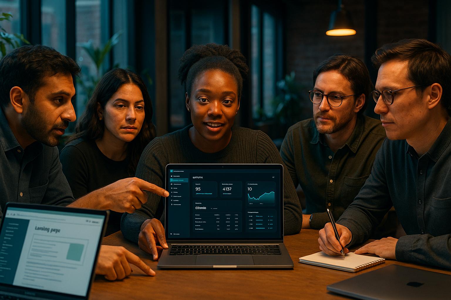 Five diverse builders collaborating around a laptop, reviewing a product dashboard together