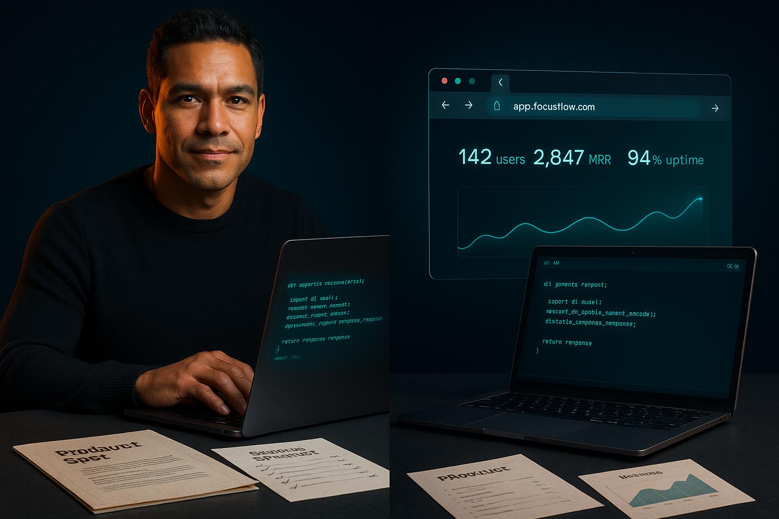 Professional builder directing AI to write code — live product dashboard showing 142 users, $2,847 MRR, 94% uptime