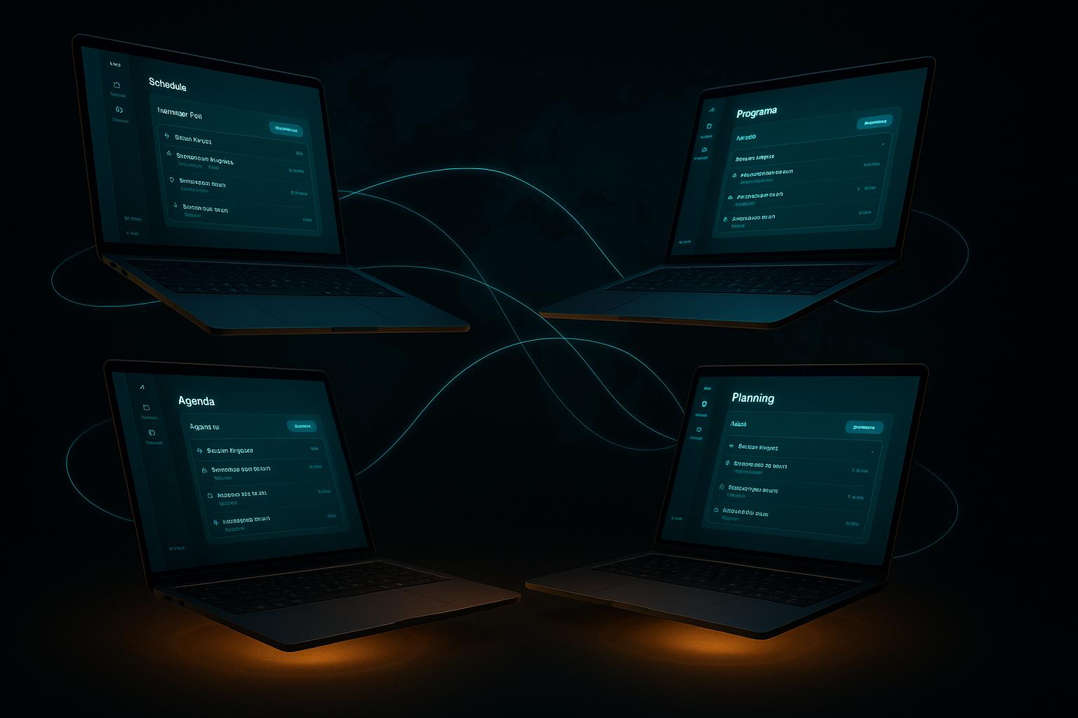 The same product interface shown in four languages — English, Spanish, Portuguese, French — connected by luminous threads
