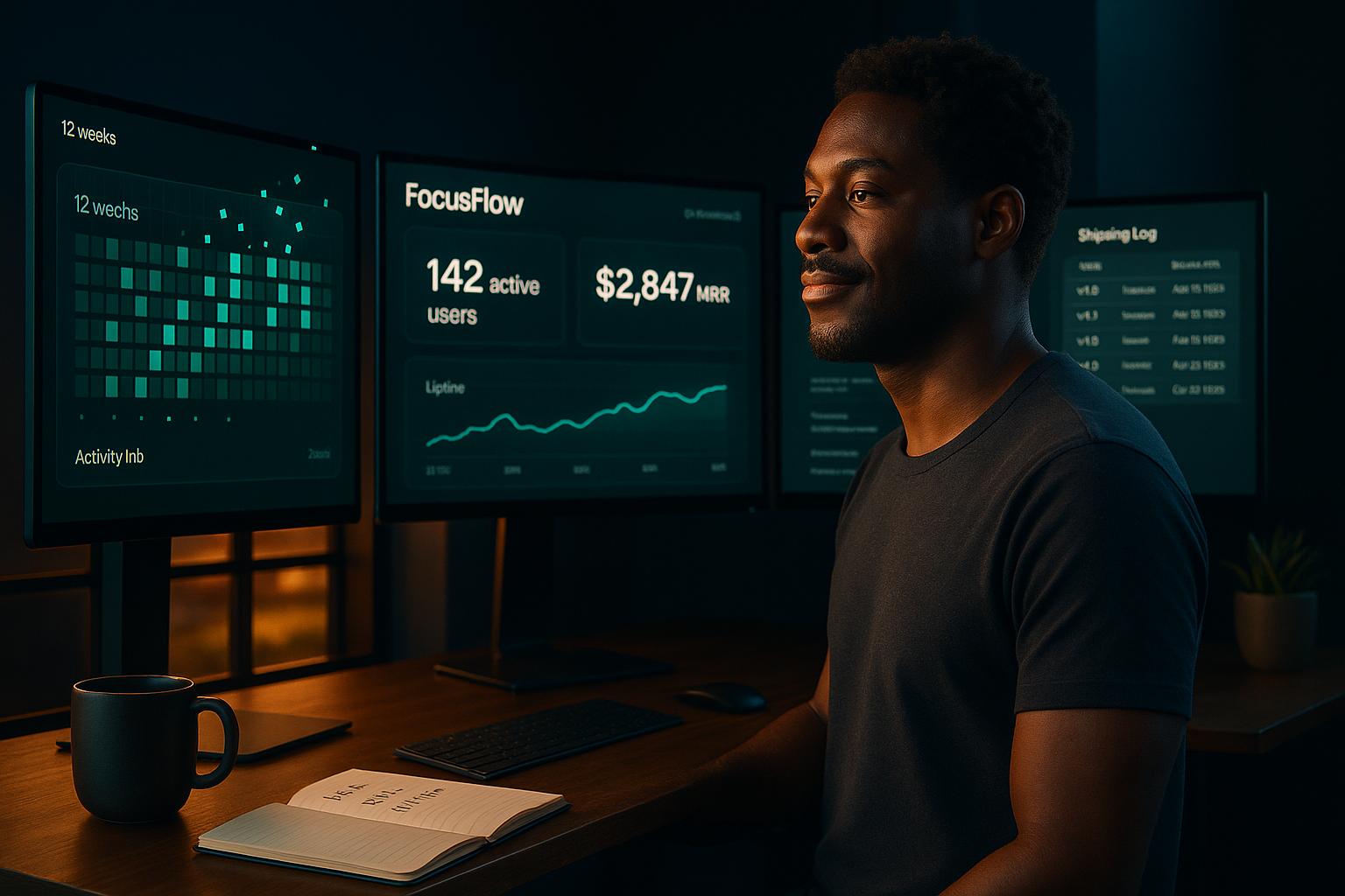 Builder looking at three monitors showing their founder portfolio — activity grid, product metrics, and shipping log